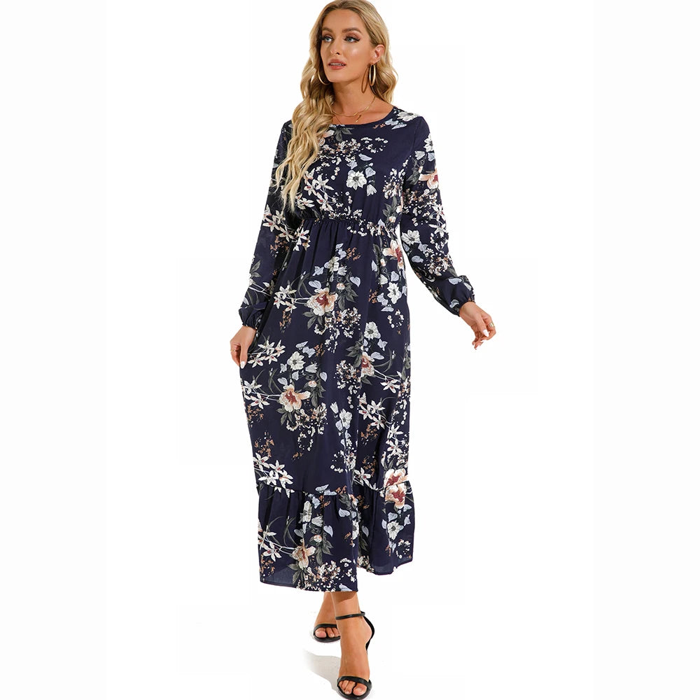 Women Maxi Dress Casual Long Sleeve High Waist   Chiffon Dress