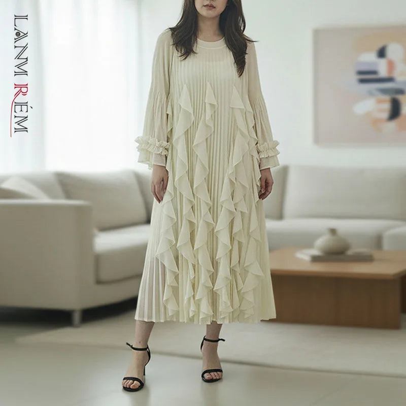 Ruffled Patchwork Design Women's Pleated Dress Loose