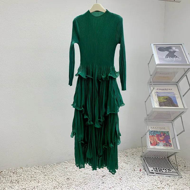 Pleated French Women's Dress  Chic New Ruffled High-End Design Long Sleeve dress