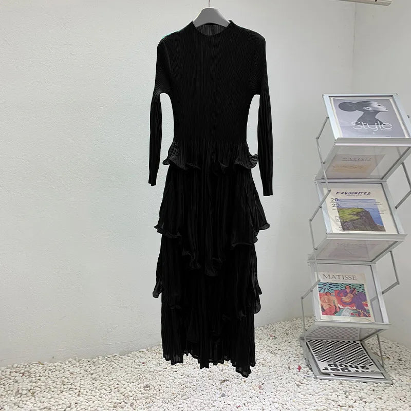 Pleated French Women's Dress  Chic New Ruffled High-End Design Long Sleeve dress