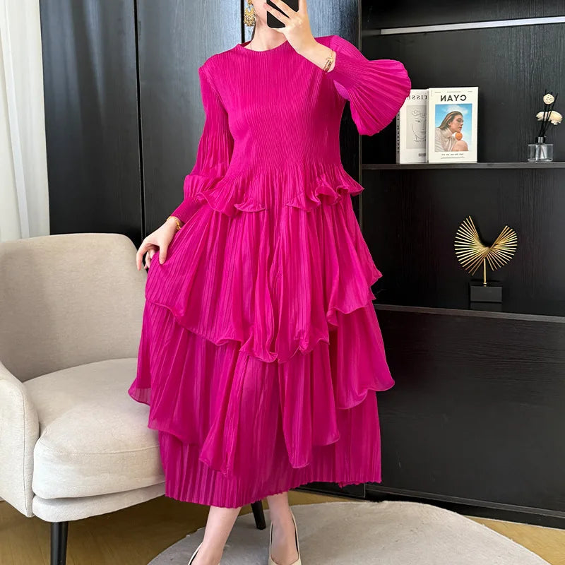 Pleated French Women's Dress  Chic New Ruffled High-End Design Long Sleeve dress
