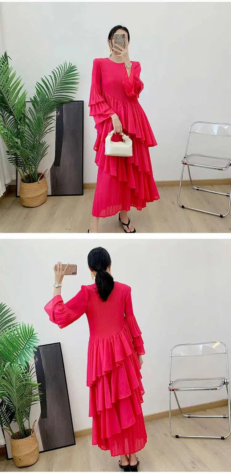 New Ruffles Pleated Dress Women Round Neck Flare Sleeves Loose Chic Long Length dress