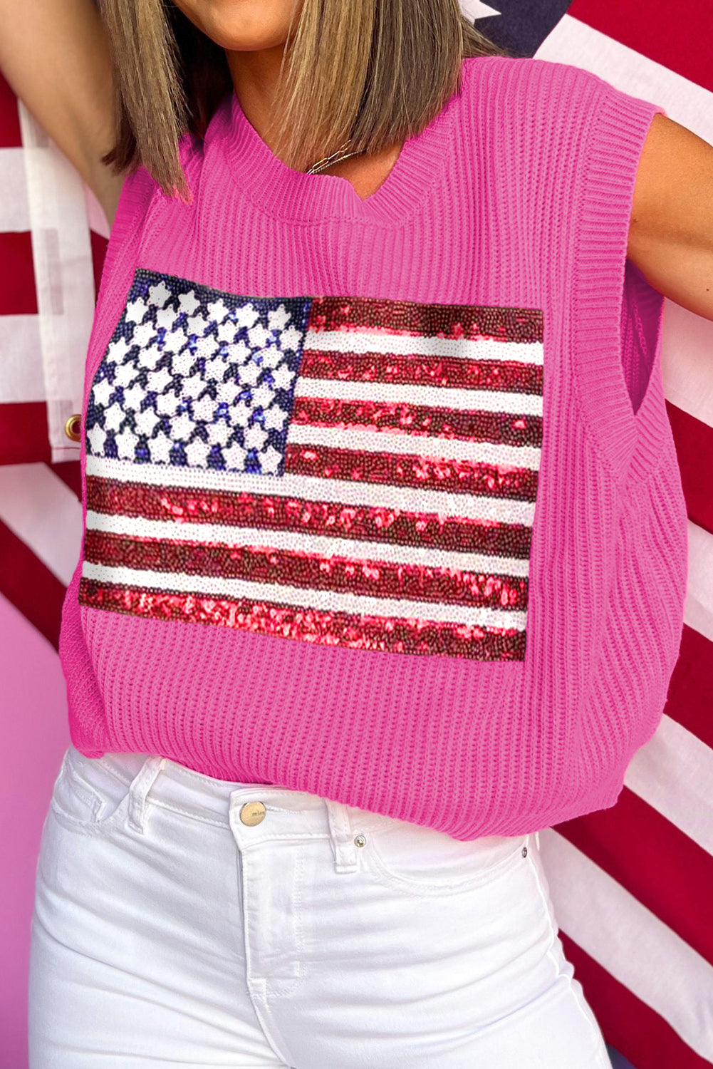 Bonbon Sequins American Flag Loose Knit Tee