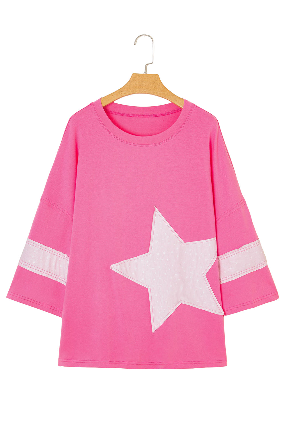 Pink Raw Edge Frayed Star Patched Plus Size Top
