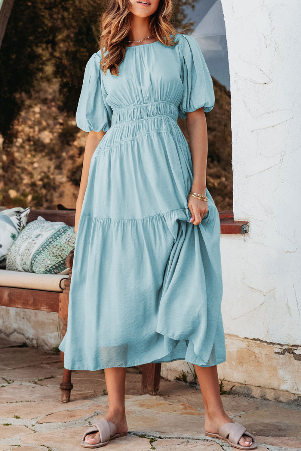Pink Puff Sleeve High Waist Flowy Midi Dress