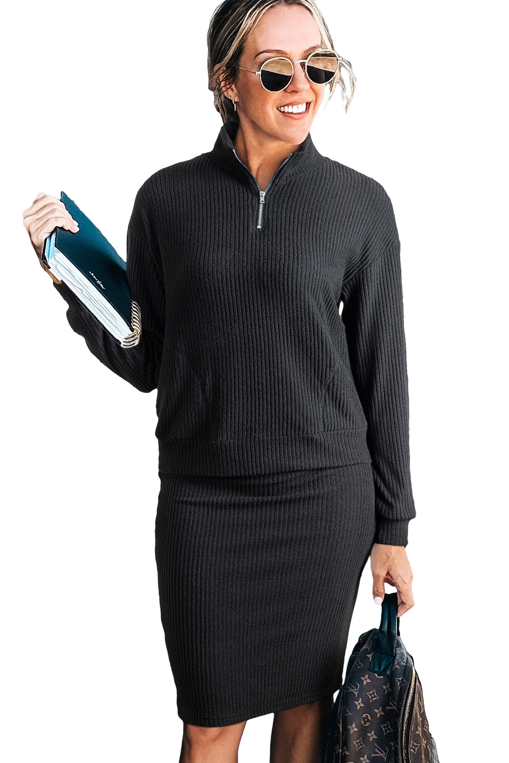 Black Ribbed Zip Neck Drop Shoulder Pullover Bodycon Skirt Set