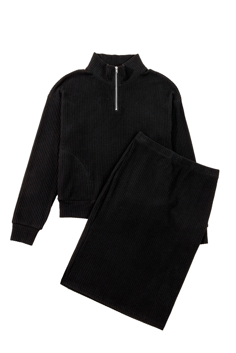 Black Ribbed Zip Neck Drop Shoulder Pullover Bodycon Skirt Set