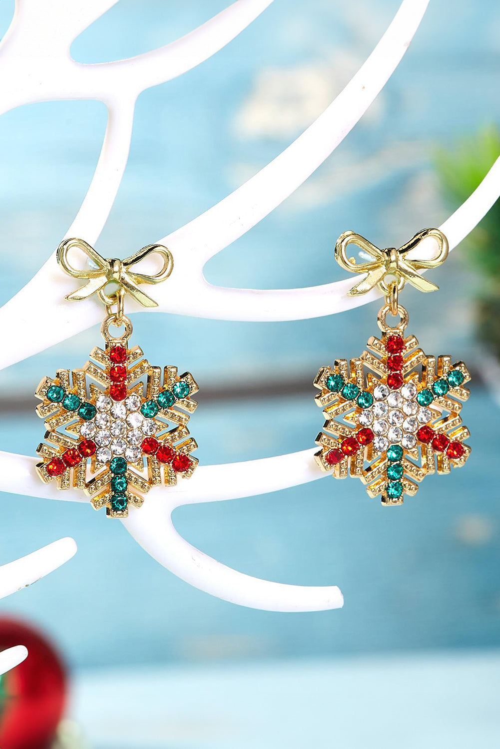 Gold Rhinestone Snowflake Bow Christmas Dangle Earrings