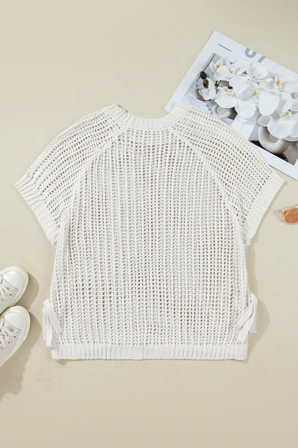 Apricot Plus Size Open Knit Bow Tie Short Sleeve Sweater