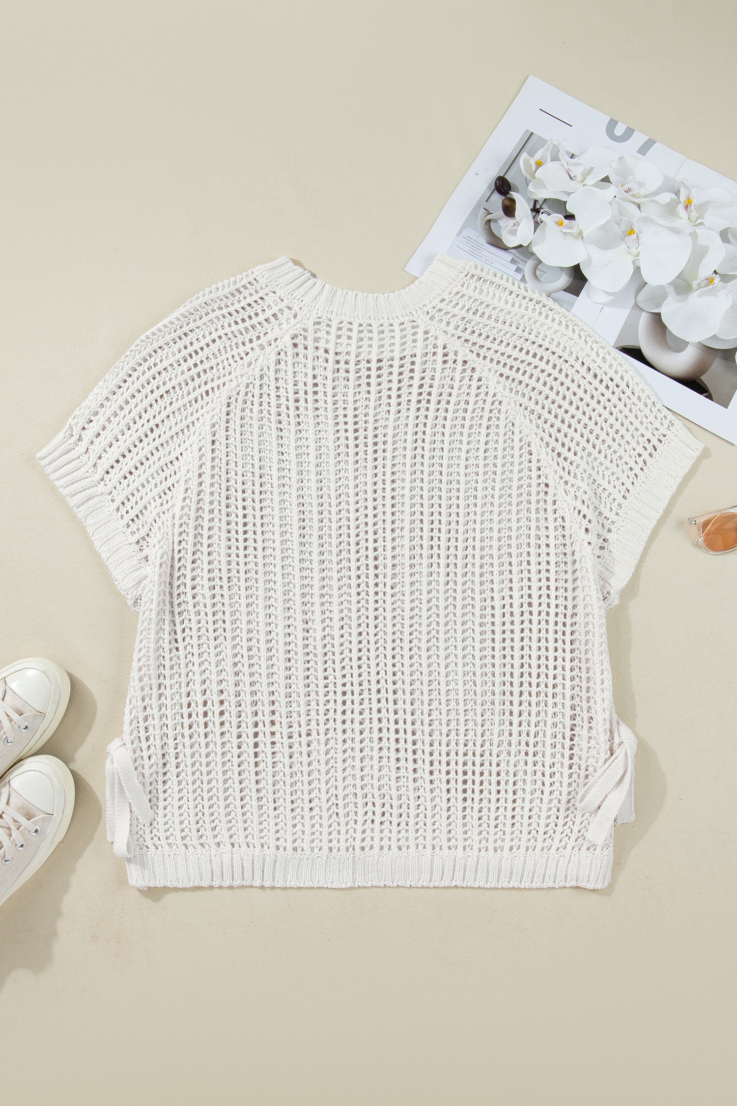 Apricot Plus Size Open Knit Bow Tie Short Sleeve Sweater