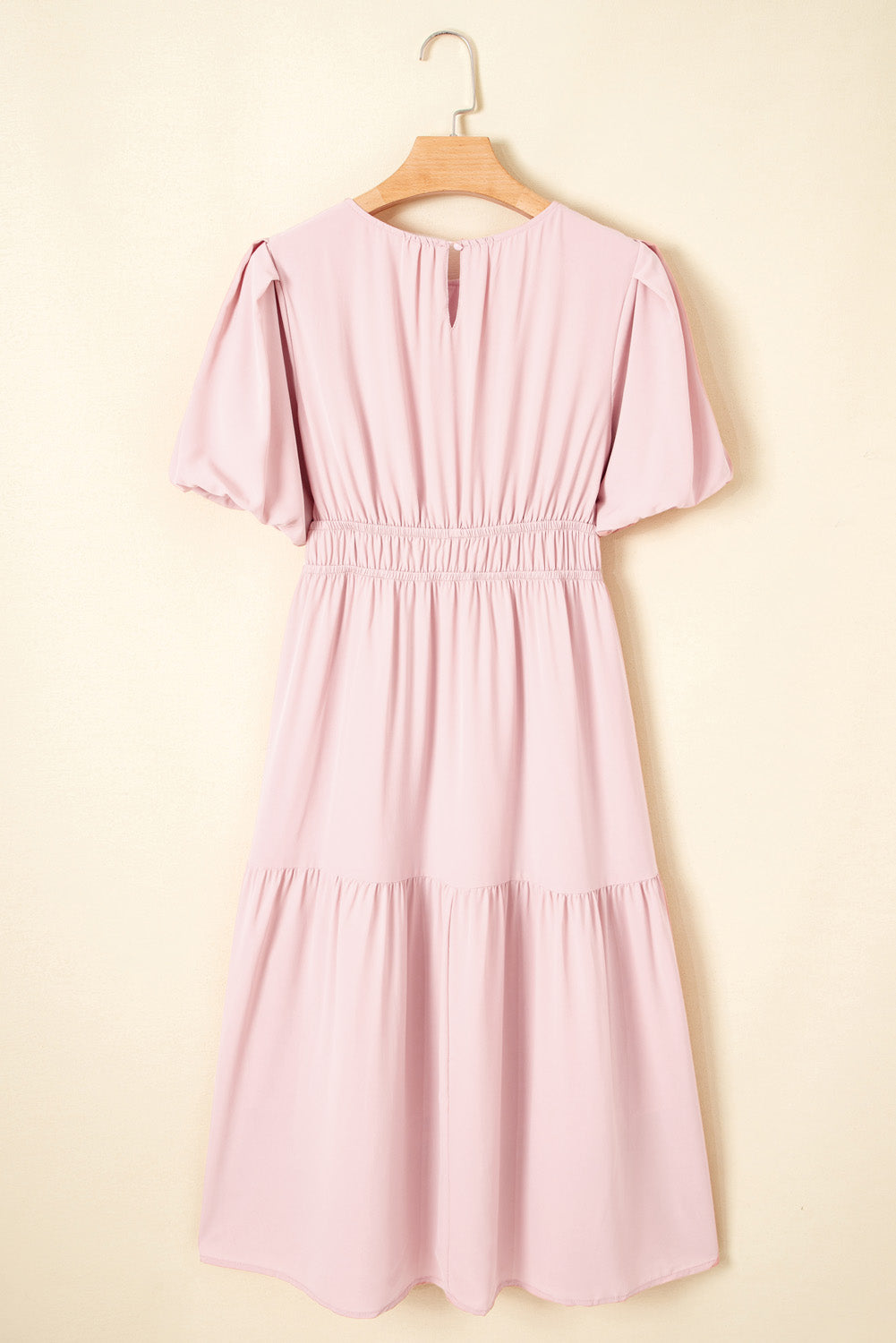 Pink Puff Sleeve High Waist Flowy Midi Dress