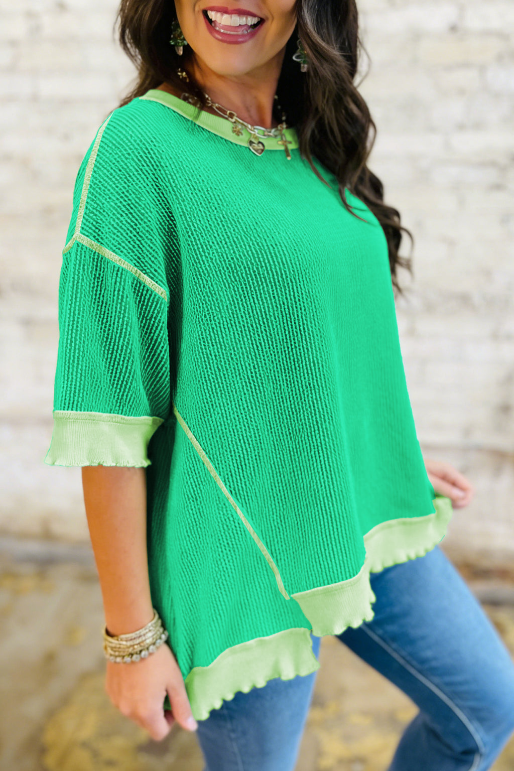Mint Green Loose Uneven Hem Twist Ribbed T Shirt