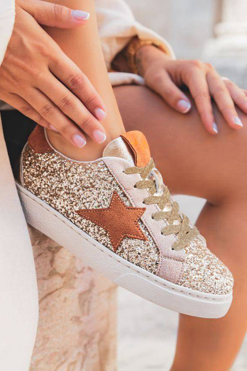 Gold Glitter Star Lace Up Sneakers