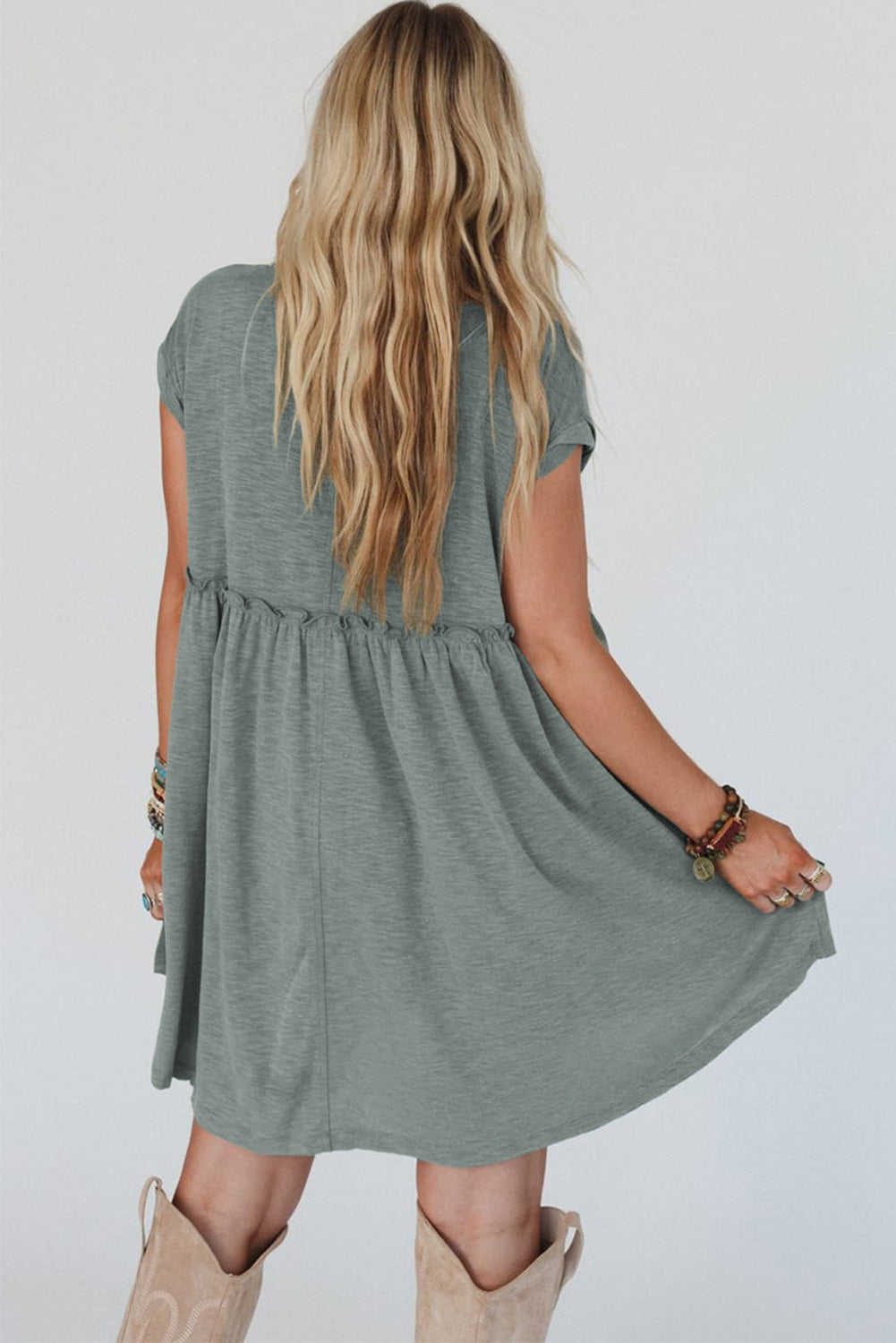 Mist Green Frilled Seam Round Neck T Shirt Dress