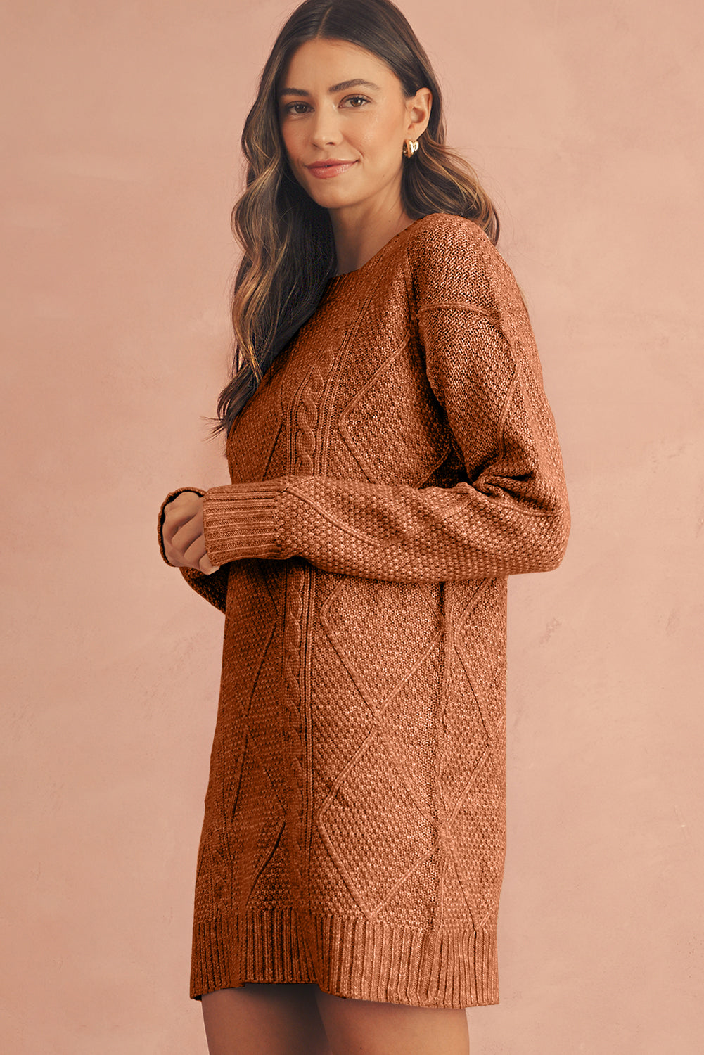 Burgundy Cable Knit Drop Shoulder Loose Fit Sweater Dress