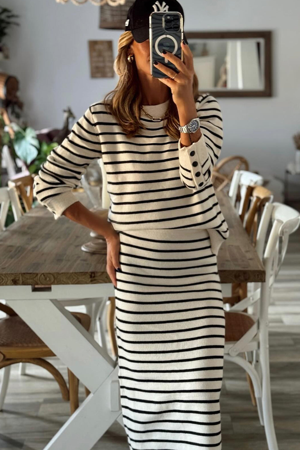 Black Stripe Ribbed Trim Button Cuff Top and Midi Skirt Outfit