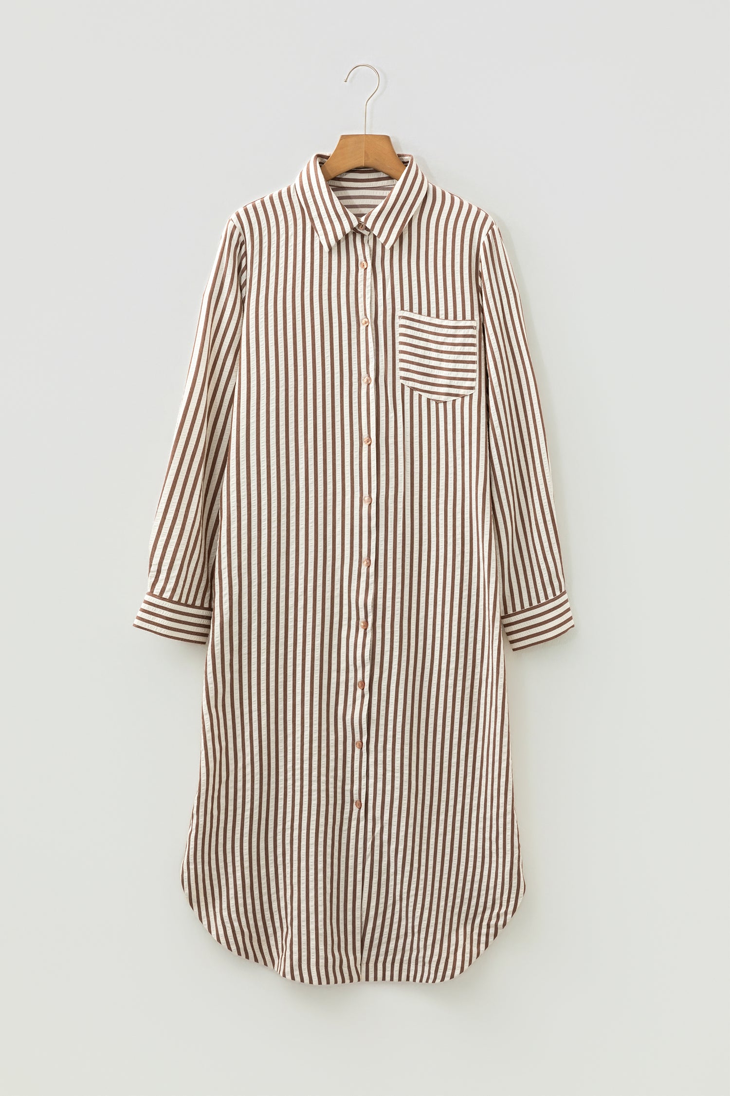 Brown Stripe Textured 3/4 Sleeve Round Hem Split Midi Shirt Dress