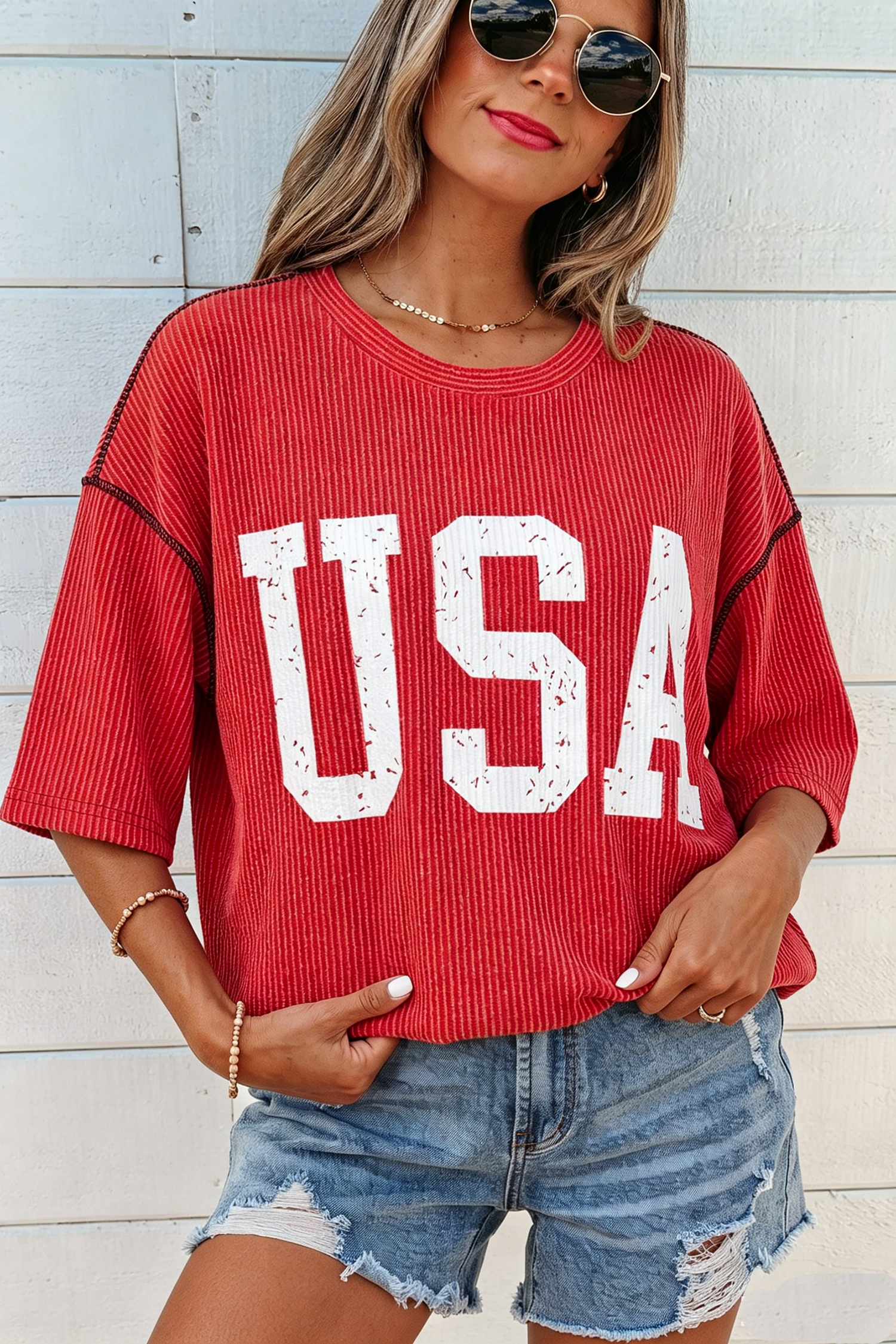 Fiery Red USA Graphic Half Sleeve Loose Ribbed Top