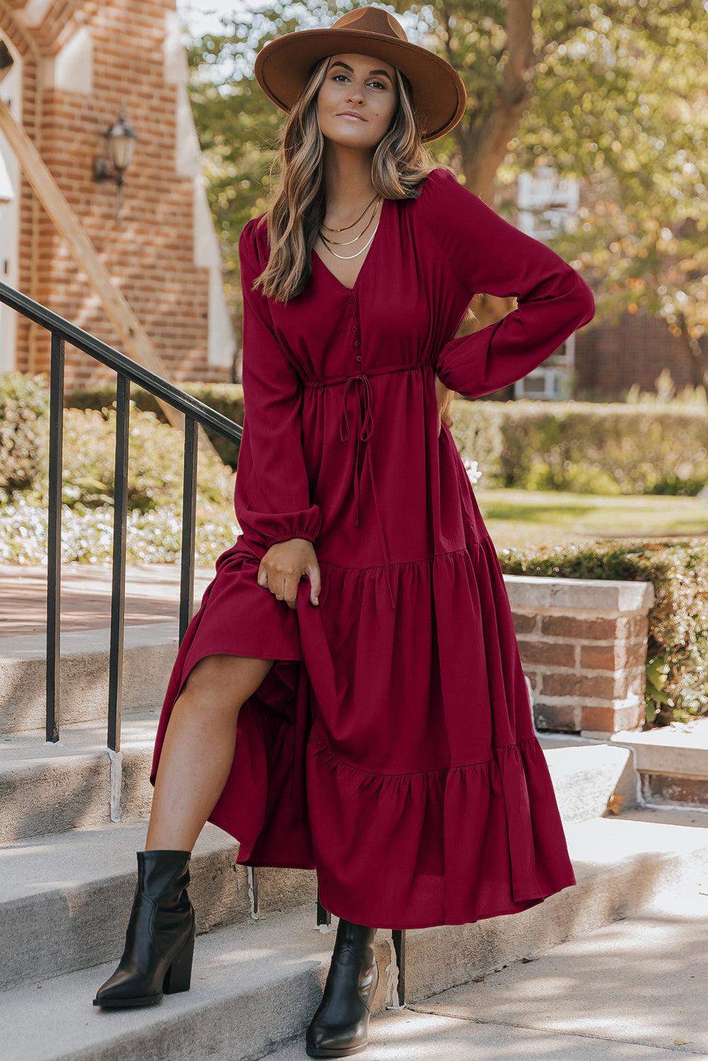 Burgundy Solid Long Sleeve Button V Neck Tiered Maxi Dress