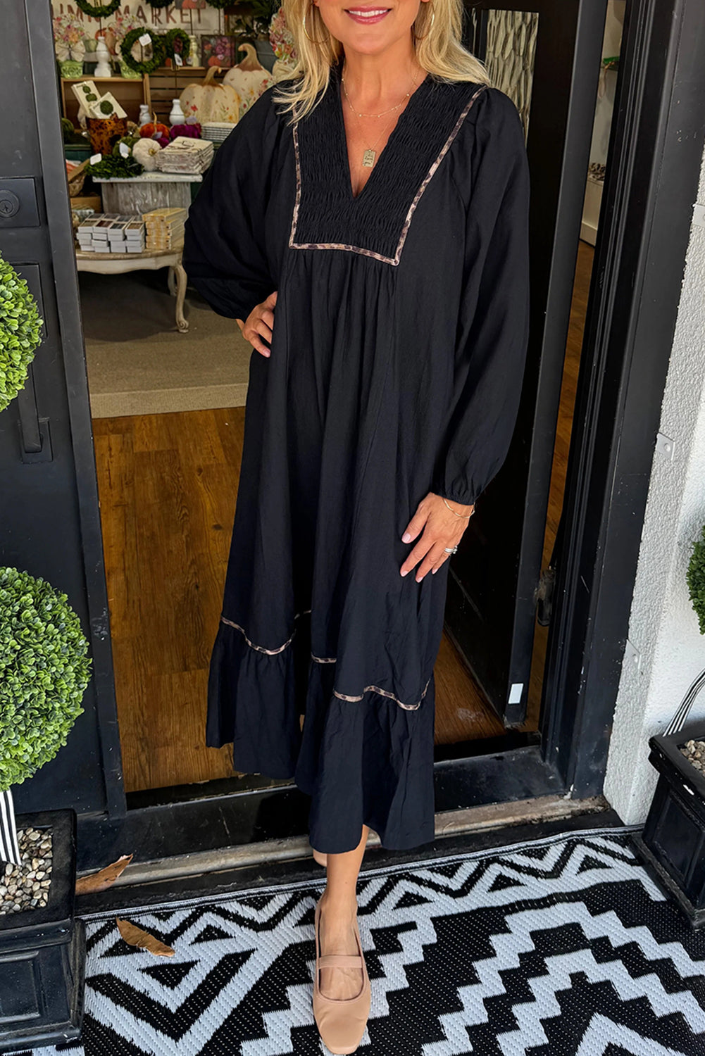 Black Collared V Neck Shirred Detail Contrast Leopard Trim Long Dress