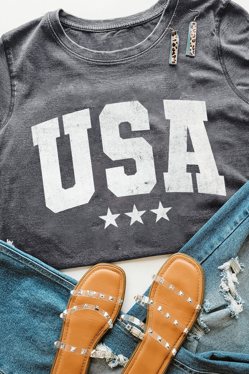 Gray USA Letter Heat Transfer Printing Crewneck Tee