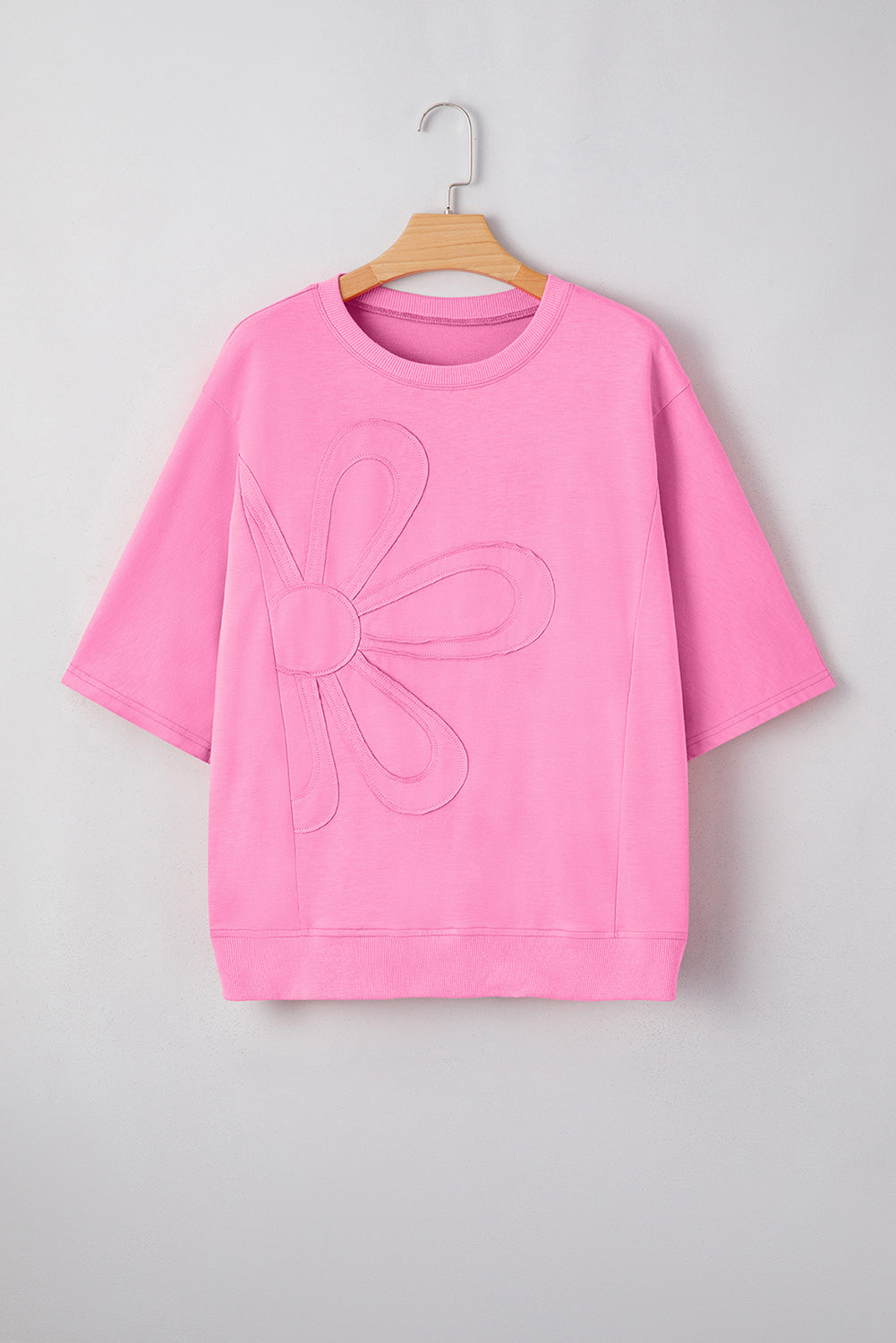 Sachet Pink Solid Color Floral Patched Half Sleeve Tunic Top