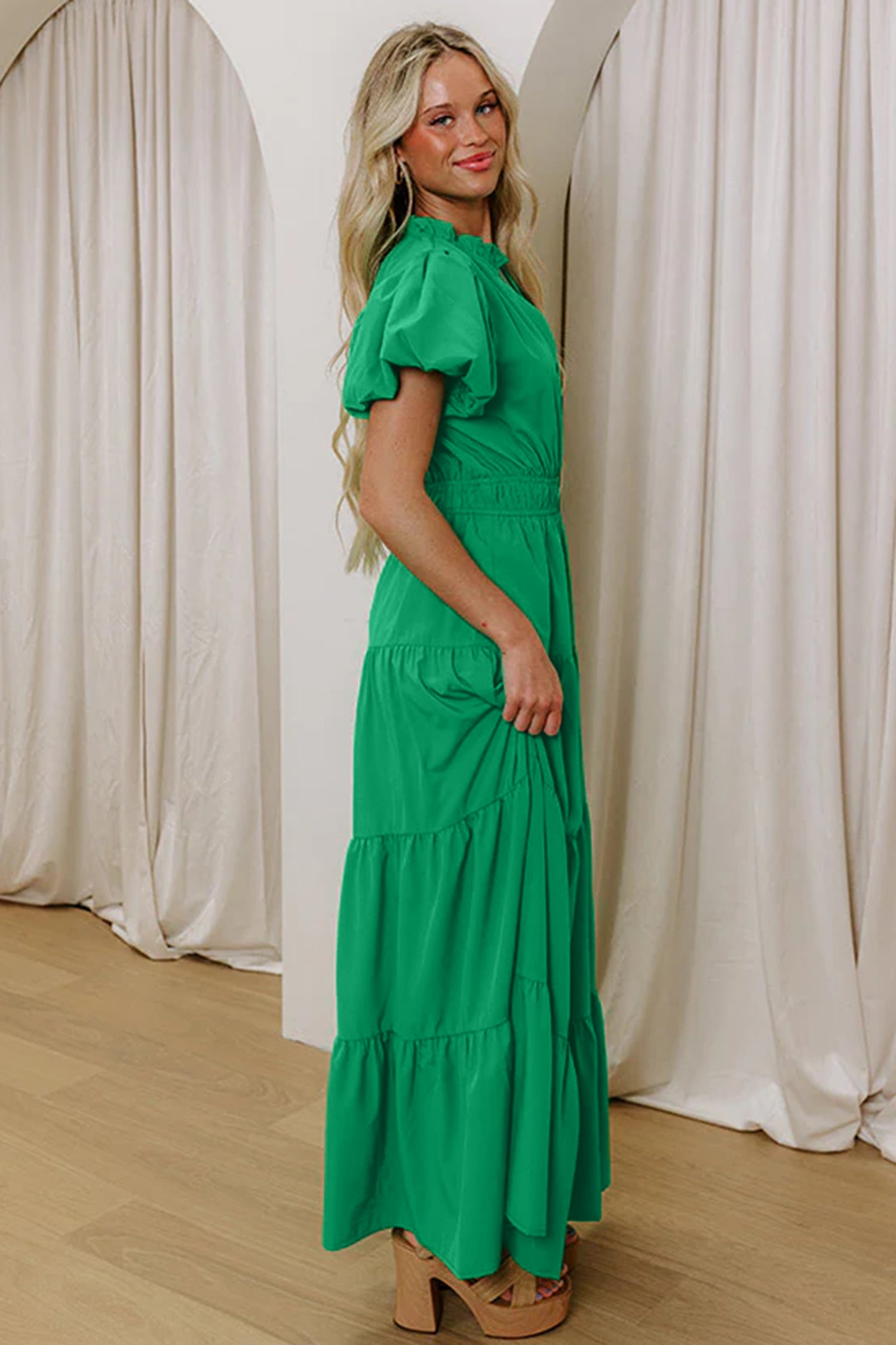 Coral Solid Color V Neck Short Puff Sleeve High Waist Tiered Maxi Dress
