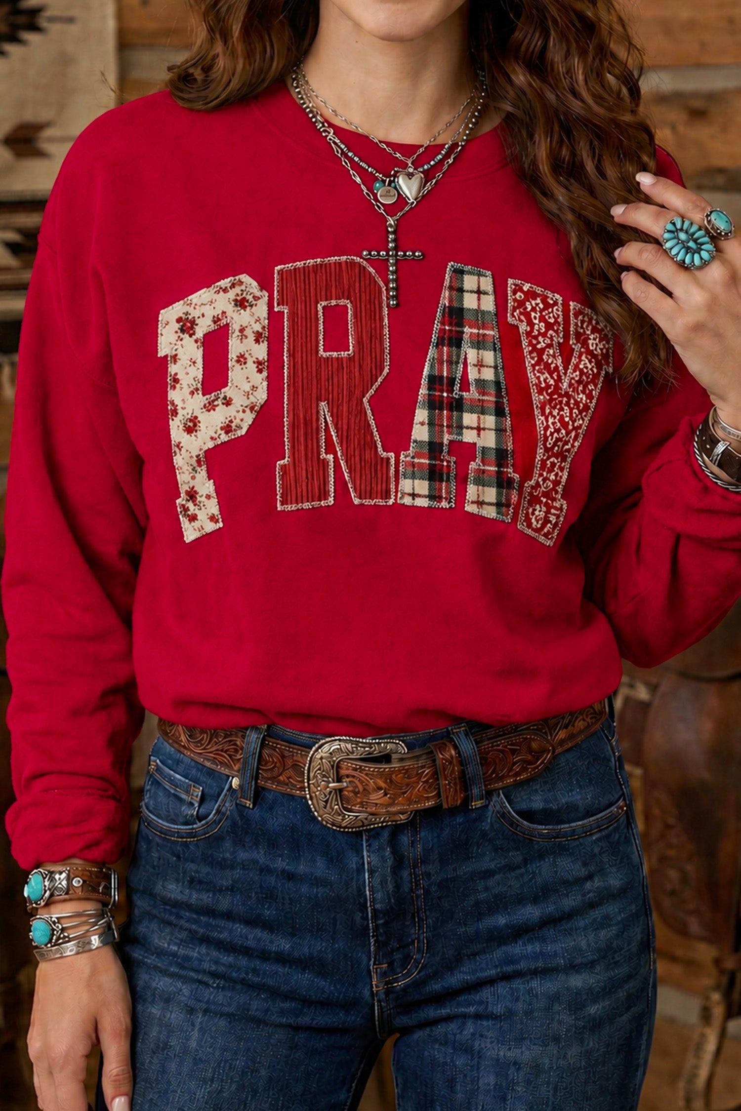Coffee Floral Buffalo Plaid Striped Embroidered Patch Western Pullover Sweatshirt