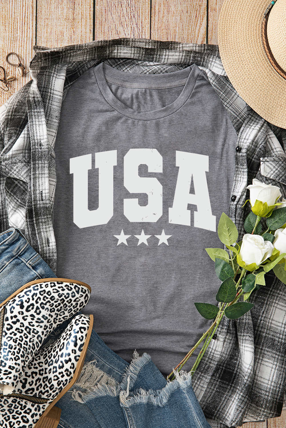 Gray USA Letter Heat Transfer Printing Crewneck Tee