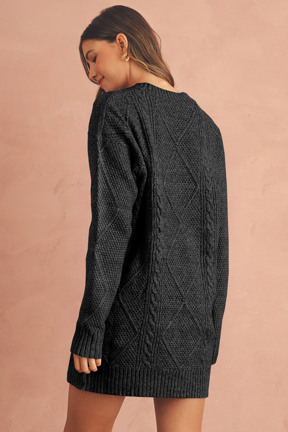 Burgundy Cable Knit Drop Shoulder Loose Fit Sweater Dress