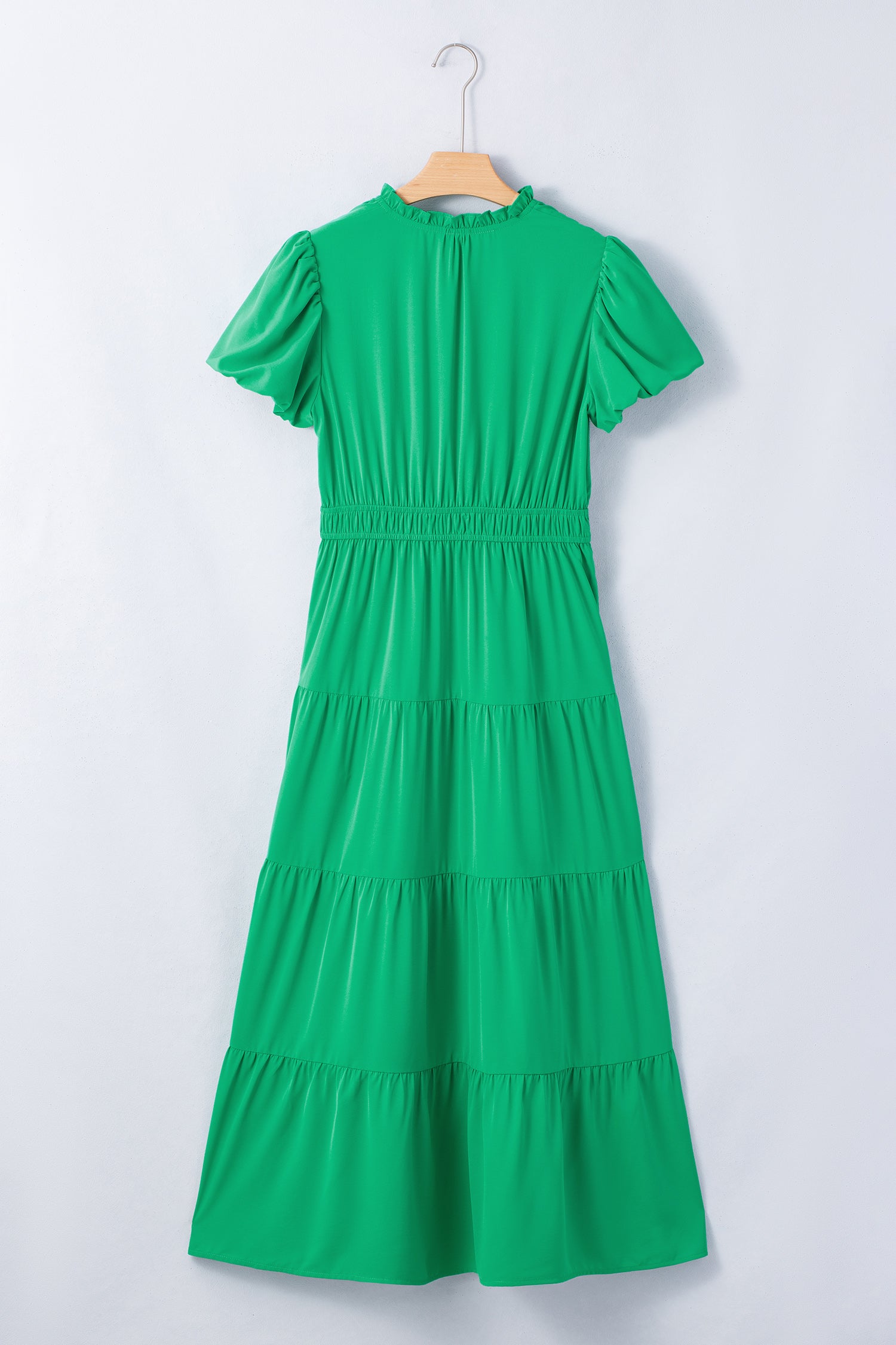 Coral Solid Color V Neck Short Puff Sleeve High Waist Tiered Maxi Dress
