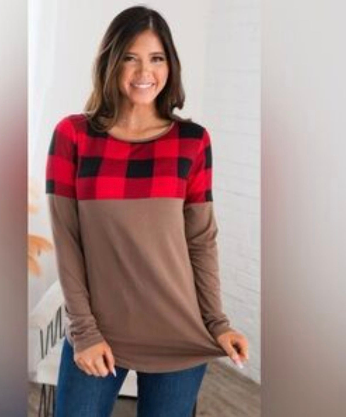 Plaid Colorblock Top by Zenana