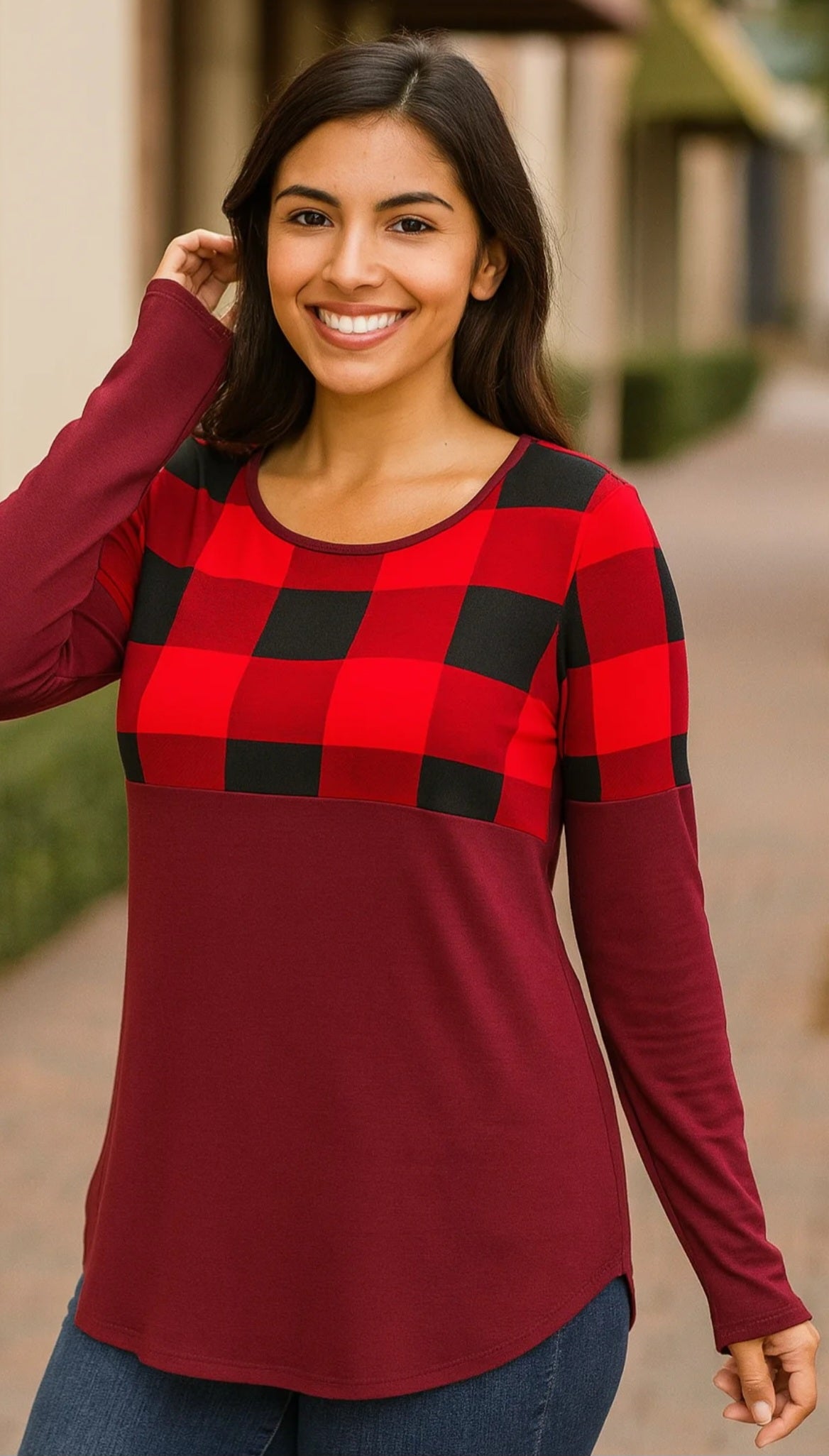 Plaid Colorblock Top by Zenana