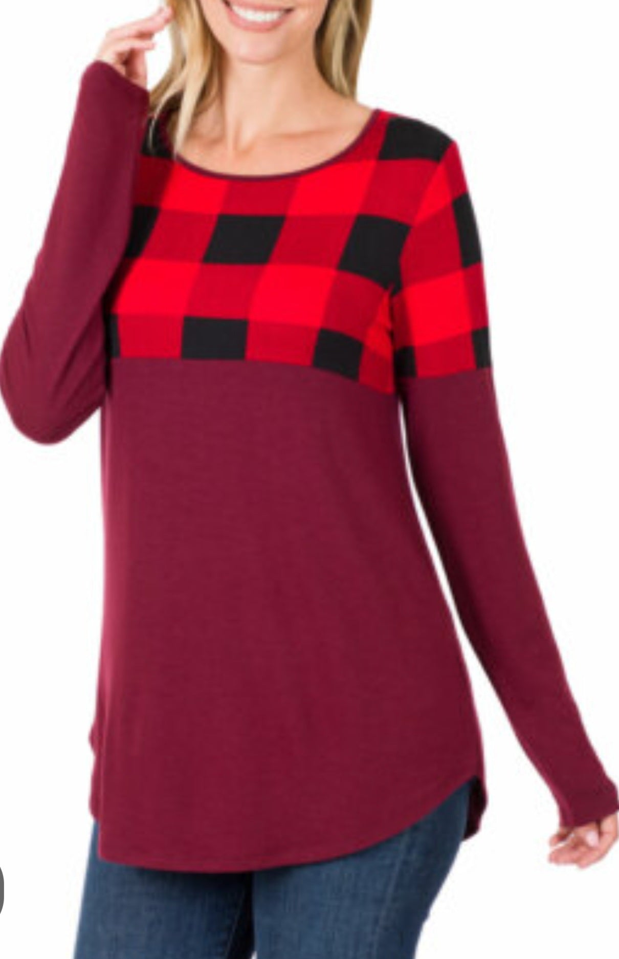 Plaid Colorblock Top by Zenana