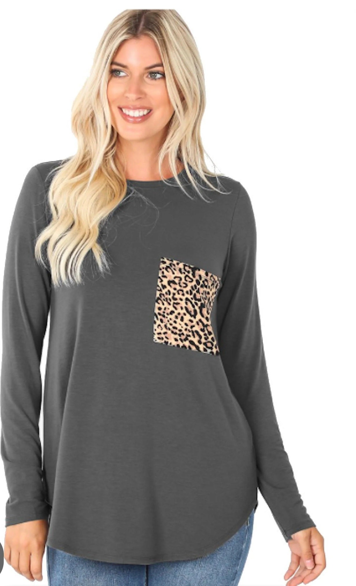 Gray Zenana Top with Leopard Pocket