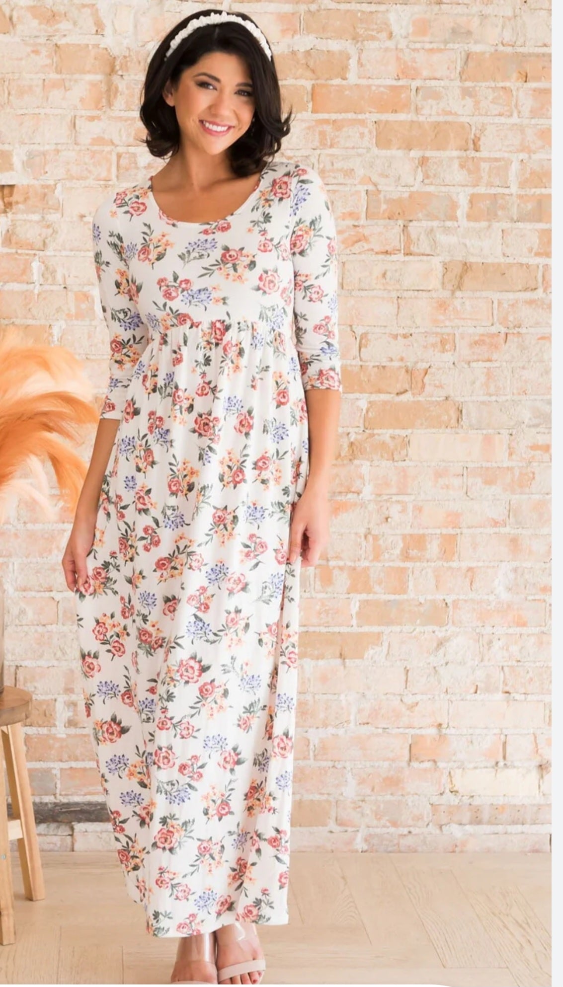 Ivory Floral Maxi Length Dress